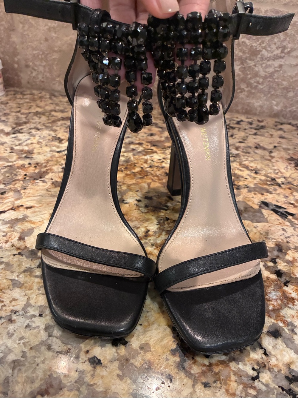 Stuart Weitzman Fringe Square Nudist Heel Black Leather Size 5.5